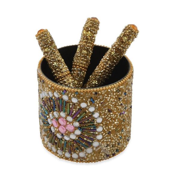 Golden Floral Pattern Beaded Pens with Holder - Picture 2 of 4
